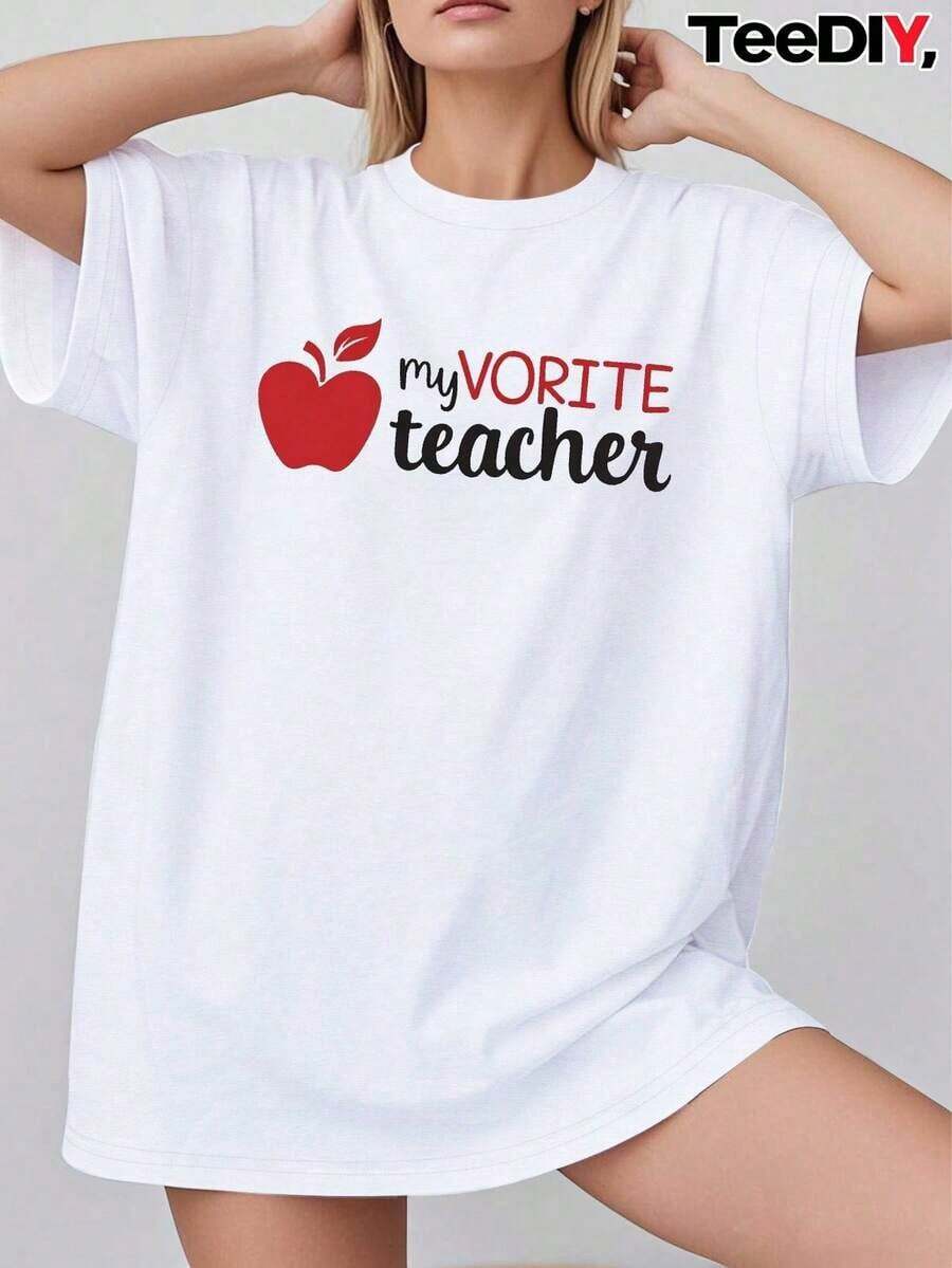 Camiseta de algodón 100% para mujer, corte holgado, con estampado de manzanas y la frase "Mi Maestra Favorita" - Ropa casual de manga corta con cuello redondo, ideal como regalo para maestras, ajuste cómodo para todas las estaciones, con diseño de manzanas rojas y letras negras, camiseta de talla grande para maestras, ropa para empleados, vestuario para educadores, camiseta divertida para maestras, tela de ajuste cómodo, material transpirable, exclusiva para maestras y personal femenino. - Blanco - Ver 1