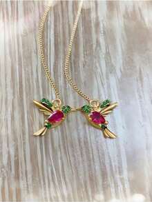 1 Pair Hummingbird Threader Earrings, Gold Plated Long Drop Earrings With Sparkling Pink CZ & Green Crystal, Dainty Bird Thread Through Earrings, Delicate Chain Ear Line, Elegant Animal Jewelry For Women, Daily Party Wear, Valentine's Gift, Stackable, Non Tarnish, Hypoallergenic, Fashion Accessories - Gold - View 3