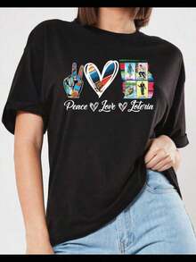 1 Piece Women's V-Neck Short Sleeve T-Shirt With Racerback, Peace Love Loteria Mexican Bingo Design, 180g, 100% Cotton. - 黑色 - 查看 1