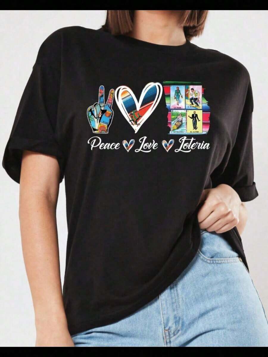 1 Piece Women's V-Neck Short Sleeve T-Shirt With Racerback, Peace Love Loteria Mexican Bingo Design, 180g, 100% Cotton. - 黑色 - 查看 1