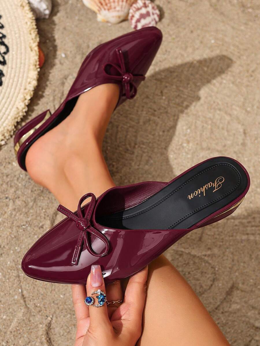 New Fashion Backless Slip-On Mules, Versatile Soft Bottom Casual Slippers, French Style Chunky Heel Commuter Pointed Toe Mid Heel Pumps, Low Vamp Comfortable Work Shoes For Women - Red - View 1