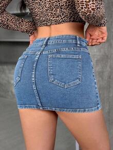 Falda lápiz de denim casual con bolsillos para mujer - Lavado ligero - Ver 2
