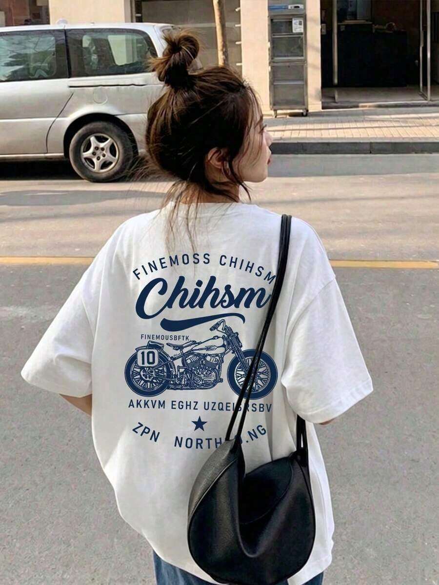 Women's Round Neck T-Shirt With A Relaxed Fit, Japanese Style, Short Sleeves, And A Letter And Motorcycle Print. Very Versatile And Comfortable For Spring And Summer, A , Youthful Look Ideal For Everyday Wear And Casual Outings. JMFB - 白色 - 查看 1