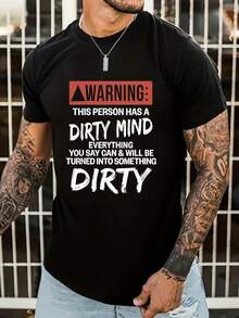 Camiseta para hombre con estampado de letras - Negra con estampado de advertencia en blanco y rojo llamativo. Camiseta casual de cuello redondo, ideal para uso diario, viajes y fitness. Para todas las estaciones. . Ideal para regalar. Navidad - Negro - Ver 2