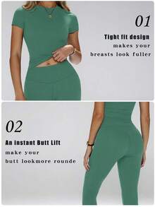 Conjunto de yoga para mujer, pantalones deportivos de cintura alta, conjunto deportivo moldeador de 2 piezas, conjunto de yoga con control de abdomen, camiseta de cuello redondo ajustada emparejada con pantalones de yoga de cintura alta, conjunto esen - Verde - Ver 2