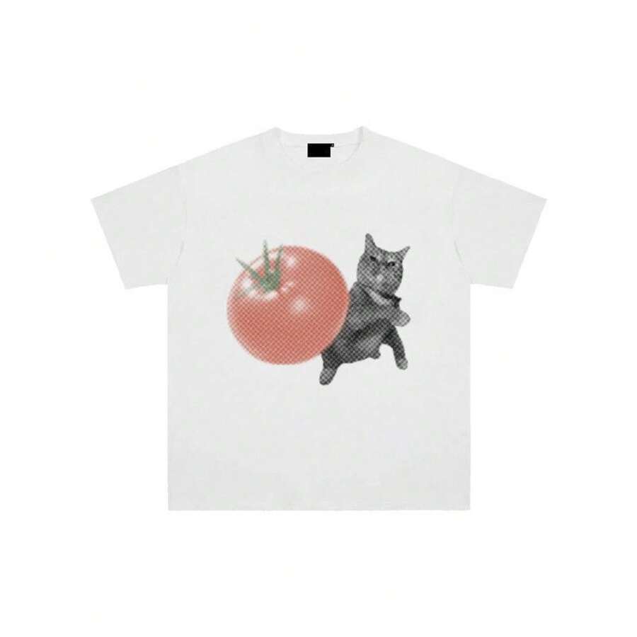 [Bestseller]Camiseta de manga corta con estampado de gato divertido "Evil Kitten" para hombre y mujer, corte holgado con hombros caídos, Sorona - Negro - Ver 1