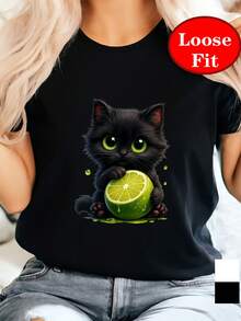 Camiseta de manga corta con cuello redondo y estampado de gato lindo y limón, top casual para primavera y verano, ropa de mujer de talla grande - Negro - Ver 3