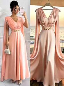 Nuevo vestido ligero con decoración de cinturón de cintura fruncida, diseño de lazo en la espalda, elegante y grácil vestido casual para la temporada de bodas y vacaciones - Rosa vieja - Ver 4