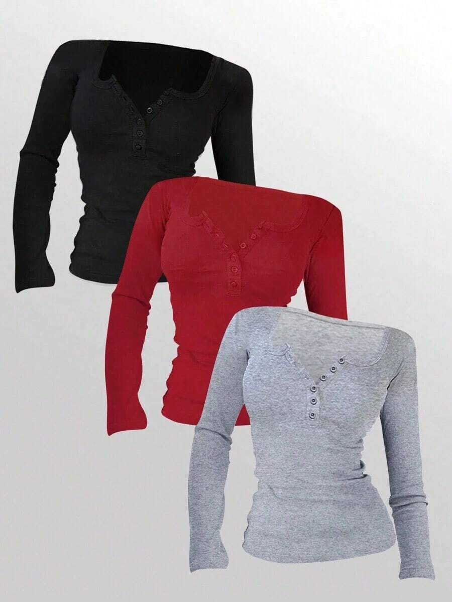 Camiseta de manga larga de unicolor informal para mujer, versátil y sencilla, para otoño - Multicolor 4 - Ver 1