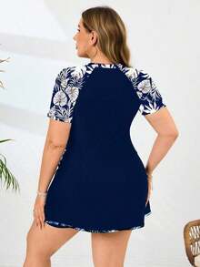 Swim  Traje de baño de una pieza con estampado de hojas para mujer de talla grande, estilo casual de vacaciones - Azul y blanco - Ver 2