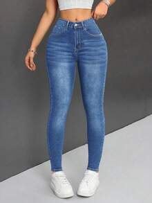 PETITE Jeans De Cintura Alta Para Mujer Ajustados - Azul lavado medio - Ver 3
