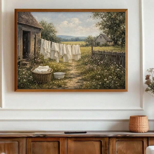 1 pièce Affiche sur canevas avec cadre/sans cadre Jour de lessive style campagnard Cottagecore, impression murale rustique d'une corde à linge vintage, peinture rétro de paysage de campagne pour la buanderie, le salon, la chambre à coucher, décoration de maison moderne