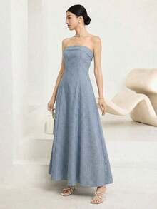 Vestido largo elegante sin tirantes con cremallera en la espalda a rayas para mujer, uso diario casual - Azul marino - Ver 3