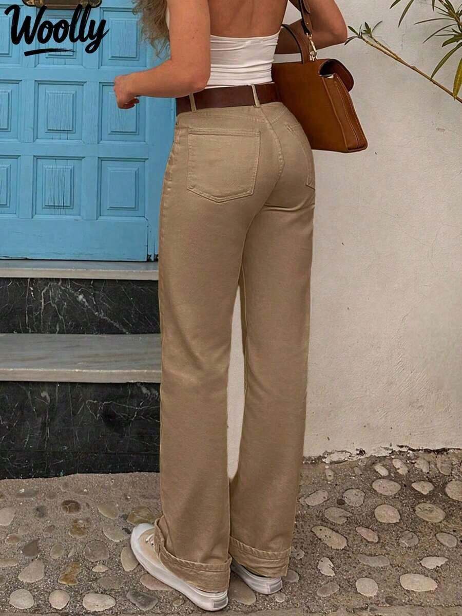 Jeans rectos casuales para mujer, color negro, primavera - Caqui - Ver 1