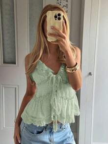 Camiseta casual y versátil con volantes y lazo delantero, ideal para citas y fiestas - Verde - Ver 3