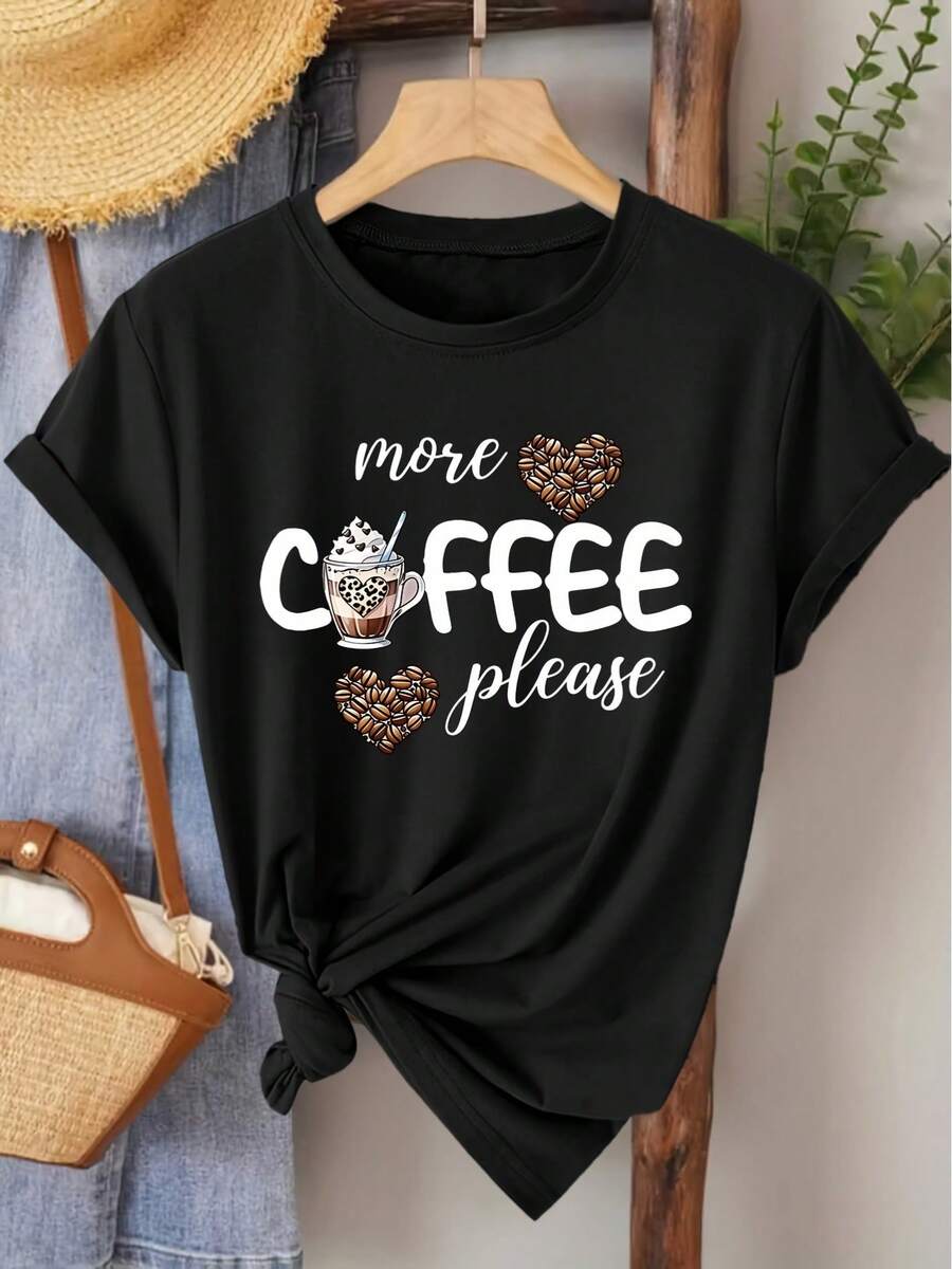 Camiseta de estilo elegante para mujer, de manga corta y corte holgado, con estampado "más café por favor", cuello redondo, adecuada para primavera, verano y otoño. Moderna para ir al trabajo, vacaciones, uso diario, versátil, casual, elegante, estilo vintage, disponible en tallas S-XXL. 100% algodón. - Negro - Ver 1