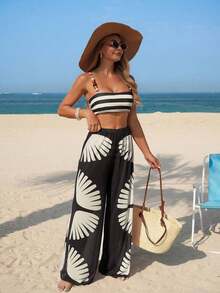 Conjunto de bikini de 3 piezas con tirantes finos, pantalones de pierna ancha y estampado de hojas abstractas de estilo bohemio para mujer, adecuado para vacaciones, playa y verano - Multicolor 2 - Ver 4