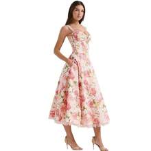 Vestido largo de mujer de moda otoño nuevo estilo dulce y picante vacaciones ajustado estampado digital tirantes encaje volantes vestido elegante - Rosa - Ver 2