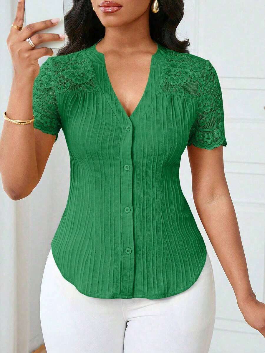 Camisa casual de mujer de unicolor y estilo simple para uso diario, verano - Verde 3 - Ver 1
