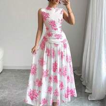 Women's Elegant Floral Print Ruched Waist Sleeveless Casual Dress - Rosa Fucsia - Ver 1