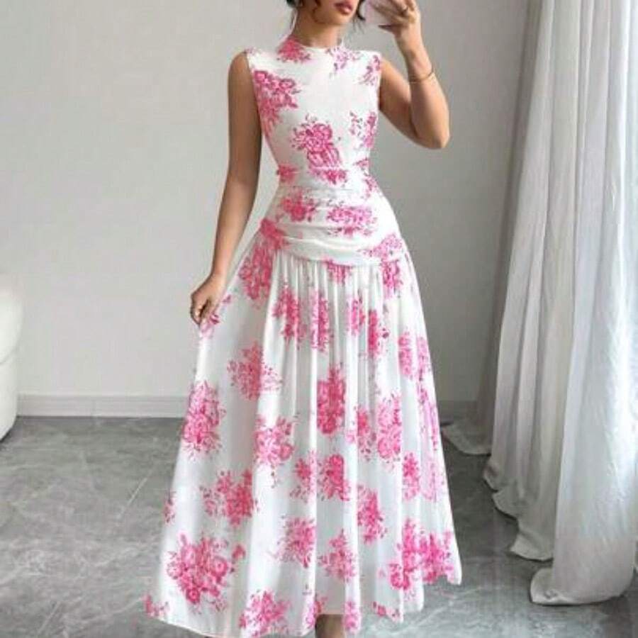 Women's Elegant Floral Print Ruched Waist Sleeveless Casual Dress - Rosa Fucsia - Ver 1
