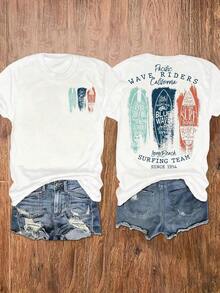 Women's Short-Sleeved Crew Neck T-Shirt, Vintage Surfboard Design, West California Surfer Style, Unisex, Suitable For Summer And Spring, Ideal For Casual Daily Outings, Short-Sleeved Summer Top, Retro Y2K Print T-Shirt. - 白色 - 查看 1