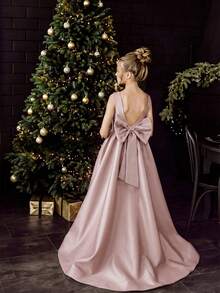 Tween Girl Bowknot Back Deep V-Neck Princess Dress, Suitable For Birthday Party, Wedding, Prom, Holiday And Other Special Occasions - Pink - View 3