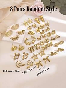 Bộ 1/4/8 đôi bông tai mạ vàng thanh lịch dành cho nữ, bao gồm các kiểu dáng nơ xinh xắn, hình học bất thường, hình bầu dục, hình tròn, hình vuông, hình trái tim, hình hoa lớn, hình quạt với bề mặt bóng và nhám, đa dạng kiểu dáng để phù hợp với mọi trang phục! Được làm từ thép không gỉ chất lượng cao. - Vàng - Xem 15