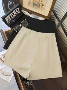 Shorts de mujer de cintura alta de color gris oscuro minimalista y de moda, con cierre de cremallera en la espalda, adecuados para el uso diario, citas y ocasiones románticas - Beis - Ver 2