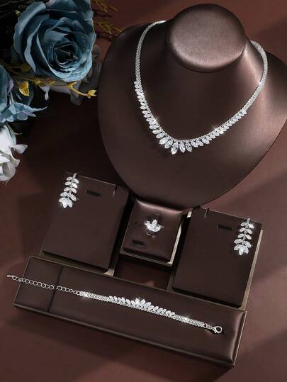 5pcs Luxury Zirconia Leaf Shaped Necklace, Earrings, Bracelet, Ring Jewelry Set, Elegant & Fashionable Accessories Suitable For Wedding, Party, Daily Commute