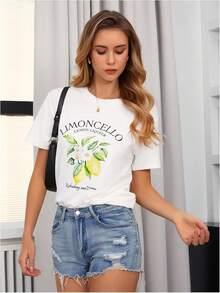 SweatyRocks - playera casual de manga corta para mujer con estampado de letras y frutas - Albaricoque - Ver 6