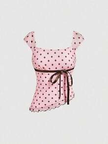 Conjunto de 2 piezas para mujer con lunares: top con dobladillo asimétrico y falda de cola de pez de cintura baja con decoración de lazo, retro, vintage, conjunto de verano de dos piezas, para invitada de boda, vacaciones, cumpleaños, concierto - Rosa - Ver 5