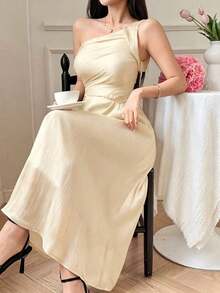 Vestido de mujer elegante de unicolor con hombro asimétrico, plisado y sin mangas de largo medio, vestidos de verano para mujeres - Albaricoque - Ver 4