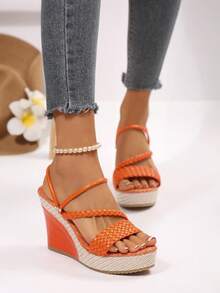 Women's Linen Platform Wedge Sandals, Summer Woven Stone Pattern Dual-Wear Orange Beach Vacation High Heel Slippers - Orange - View 4
