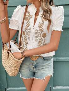 Blusa de manga corta para mujer, elegante para el verano - Blanco - Ver 4