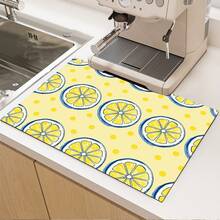 1pc Lemon Print Absorbent Mat/Drying Mat For Coffee Maker, Dishes - Polyester Absorbent Desktop Protective Mat With Rubber Anti-Slip Pad, For Kitchen Counter Decor, Home Bar And Dining Table - Multicolor - View 2