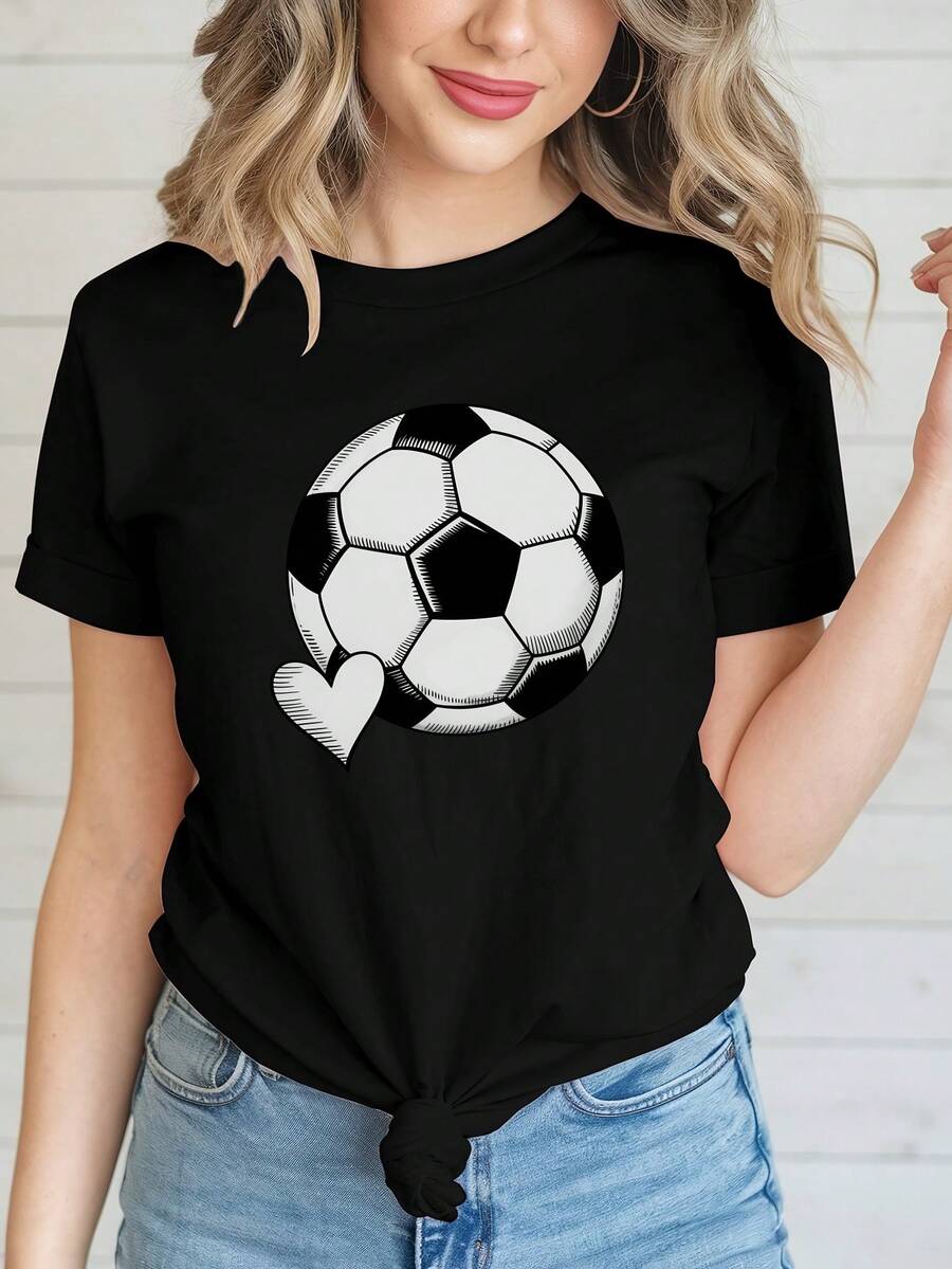 Camiseta de Manga Corta para Mujer de Fútbol, Estilo Americano de Moda, Estampado, Cuello Redondo, Casual y Versátil, Ideal para Primavera y Verano, Regalo Exquisito para Cumpleaños