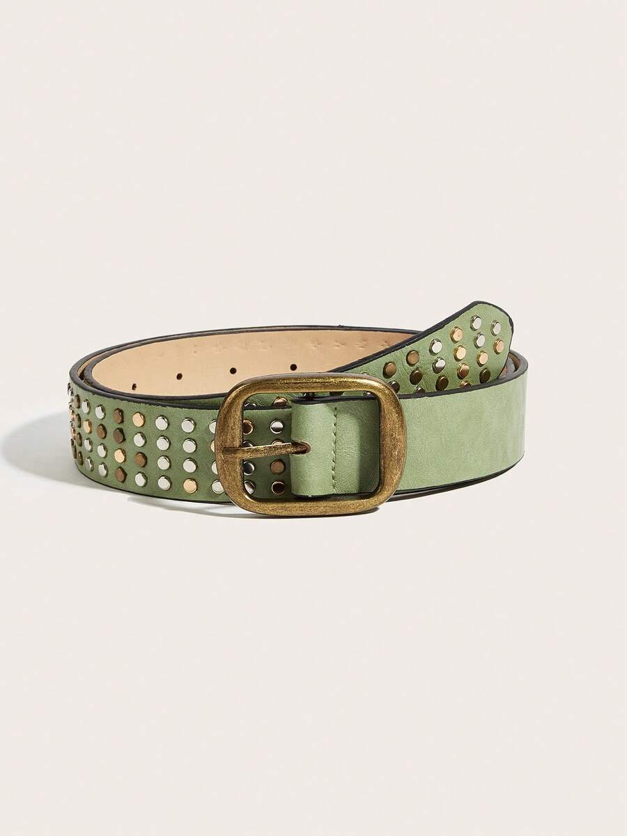 1pc Women's Retro Buckle Rivet Belt, Classic PU Waist Belt, Fashion Accessory, Suitable For Pants, Dresses, Daily Wear, Parties, Gatherings - Green - View 1
