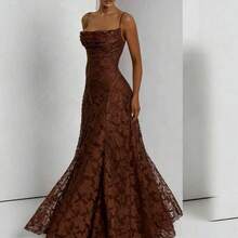 Nueva moda y versátil falda larga femenina vino rojo sensual con exquisitas tirantes calientes - Marron oscuro - Ver 5