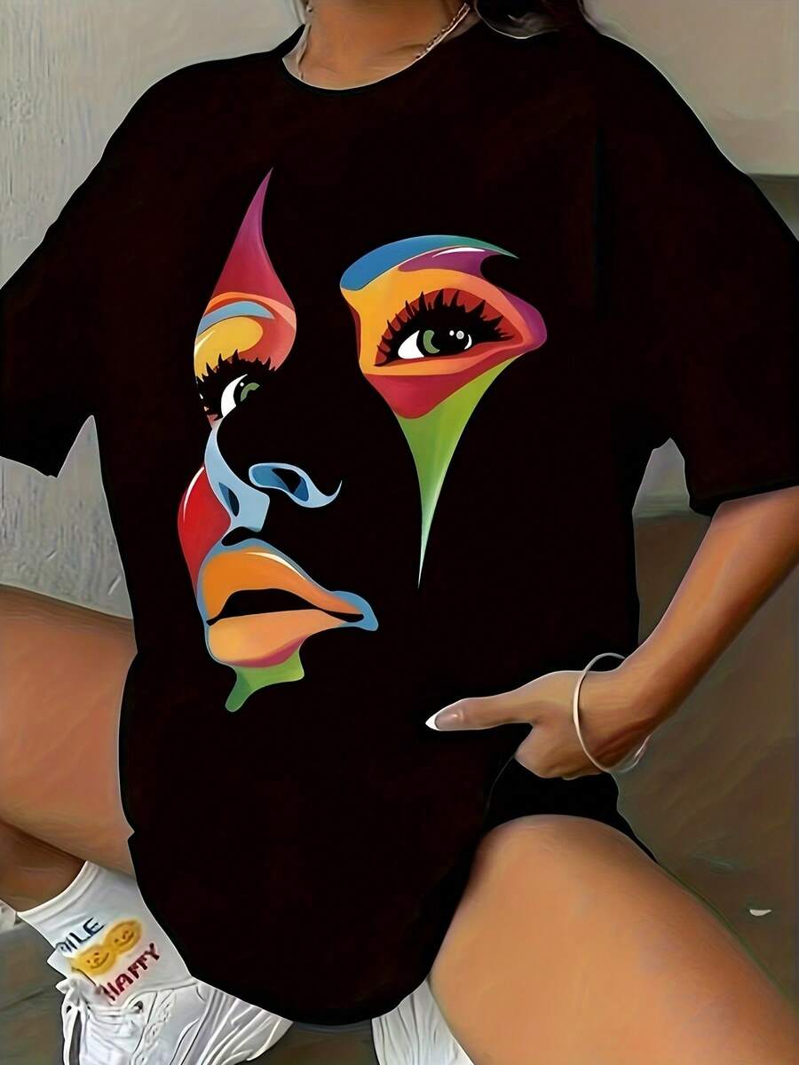 Women's Korean-Style Printed Crew Neck T-Shirt, Loose-Fitting Short-Sleeved Top, Plus Size - 黑色 - 查看 1