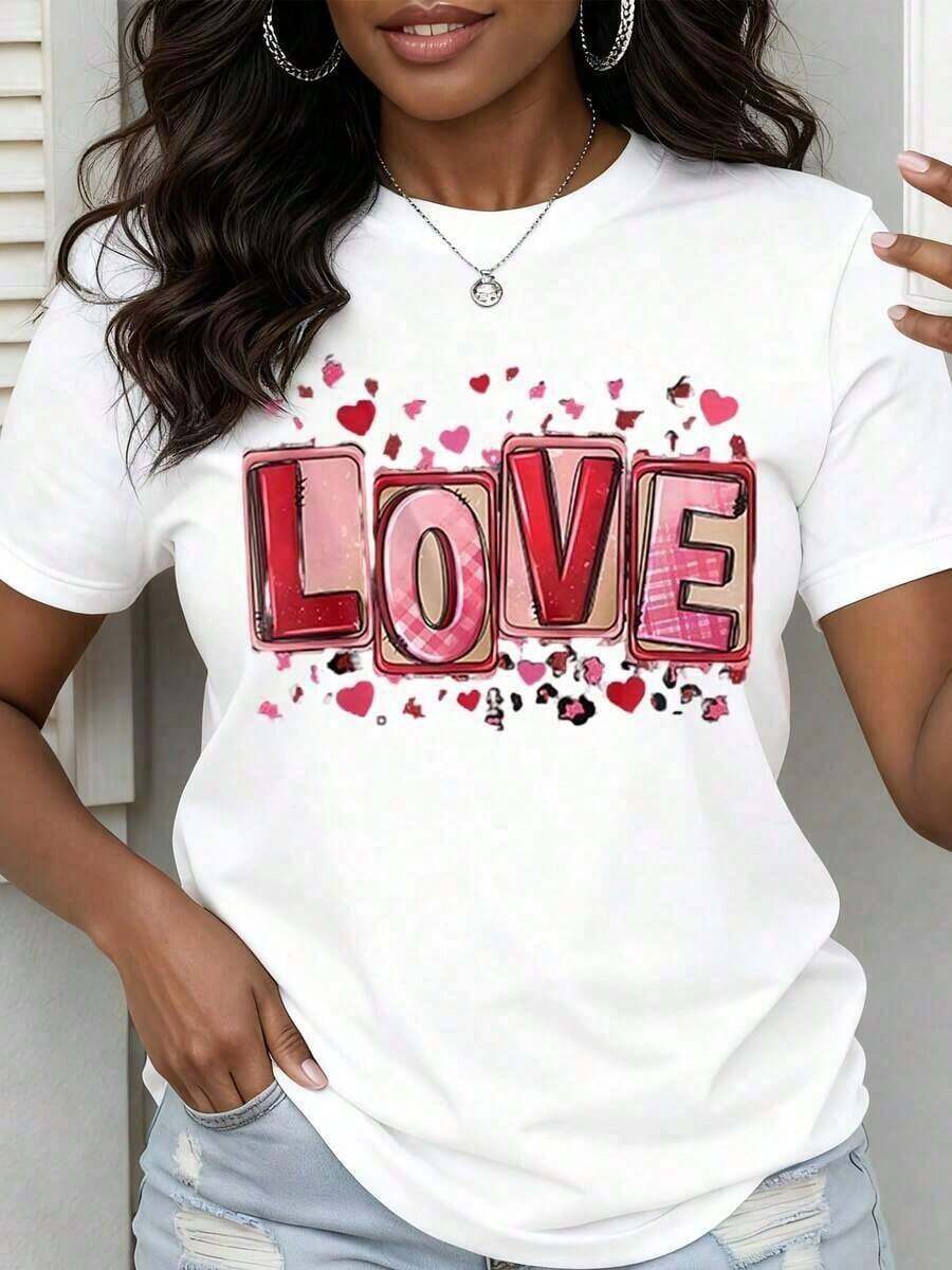 Women's Heart Print T-Shirt, Casual Style For Valentine's Day, With Red Hearts And Pink Design, Comfortable Short Sleeve T-Shirt, Suitable For All Seasons (Sizes S-XXXL) - Cute Gift For Couples, Romantic Clothing, Matching Sets For Couples - 白色 - 查看 1