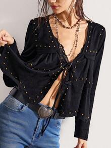 Blusa holgada de manga larga de unicolor tejida, estilo bohemio, para Navidad, Año Nuevo y invierno - Negro - Ver 3