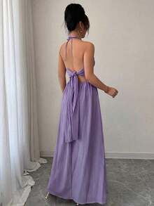 Vestido con cuello halter, espalda anudada y diseño calado acampanado - Morado 2 - Ver 2