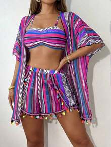 4 piezas Conjunto de bikini con parte superior fruncida con estampado geométrico de moda y Bottom con estampado geométrico, cubrecostillas con flecos multicolor y shorts, conjunto de bikini de carnaval de verano, playa de verano - Morado - Ver 3