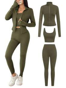 Conjunto deportivo de 3 piezas para mujer: Cárdigan de punto con cremallera + Camiseta + Pantalones en color negro - Verde militar - Ver 1