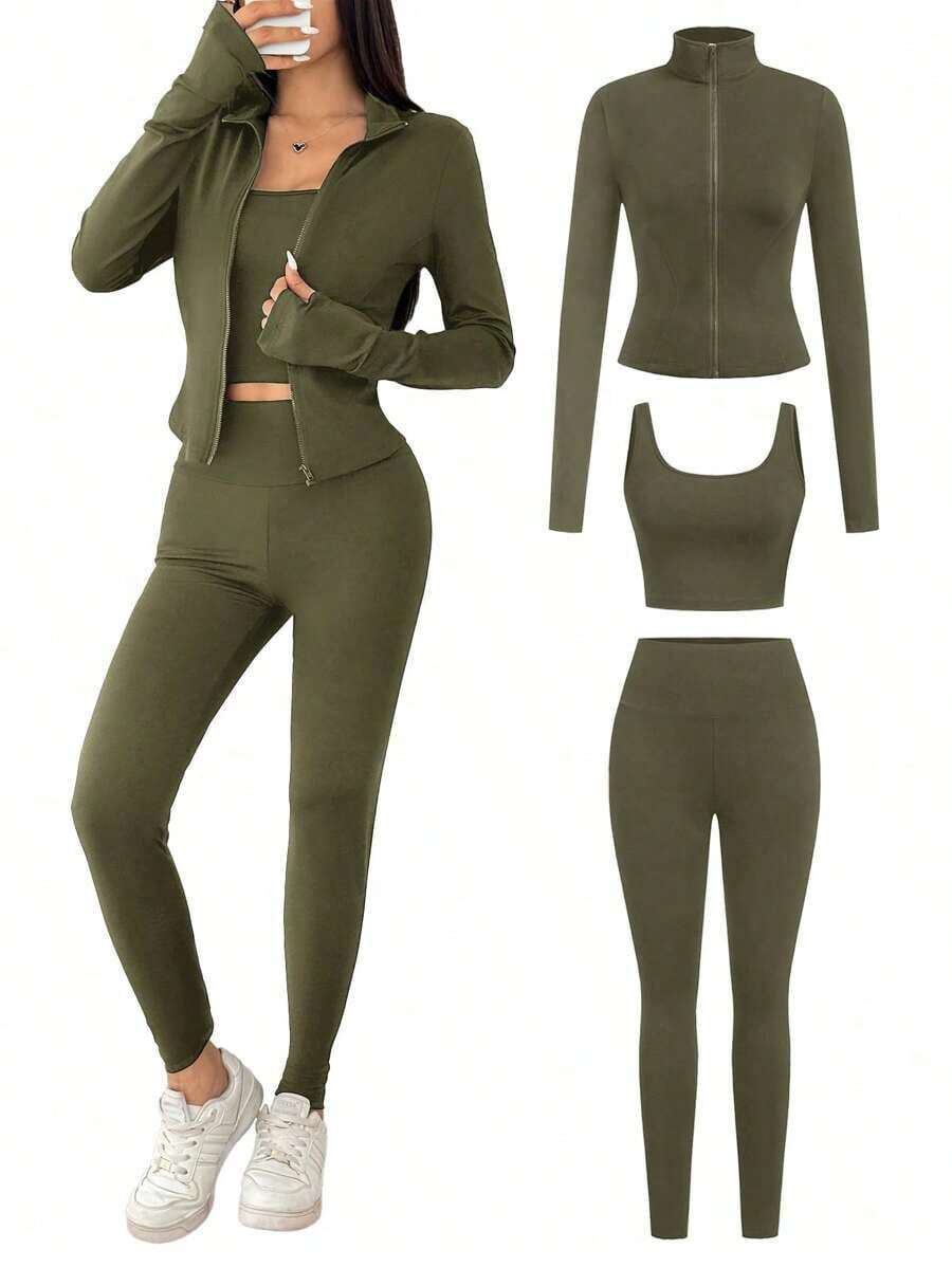 Conjunto deportivo de 3 piezas para mujer: Cárdigan de punto con cremallera + Camiseta + Pantalones en color negro - Verde militar - Ver 1