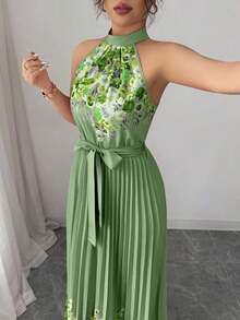 YHHElenzga Vestido holgado de verano elegante con estampado floral y cuello halter para mujerYHH - Verde militar - Ver 4