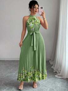 YHHElenzga Vestido holgado de verano elegante con estampado floral y cuello halter para mujerYHH - Verde militar - Ver 7