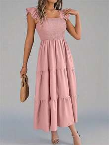 Nuevo vestido midi de unicolor con cuello cuadrado, casual, con espalda descubierta, volantes y sin mangas, color caqui, elegante para primavera/verano - Rosa - Ver 5