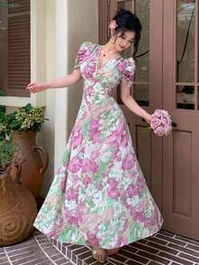 Vestido de mujer de ajuste ceñido con cuello cruzado, botones de perlas y mangas abullonadas - Multicolor 5 - Ver 3